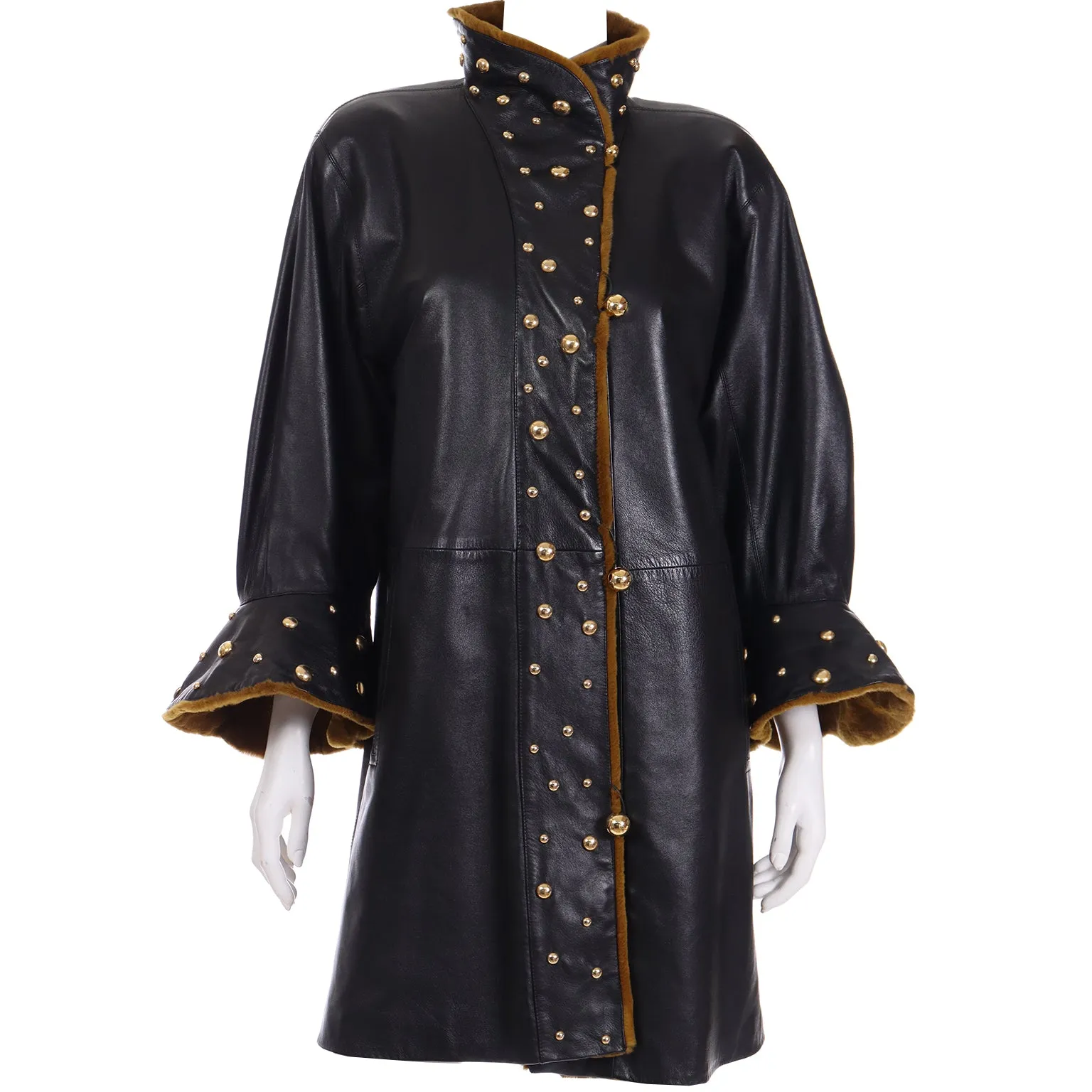 1980s Yves Saint Laurent Vintage Black Leather Coat W Gold Studs & Sheared Fur