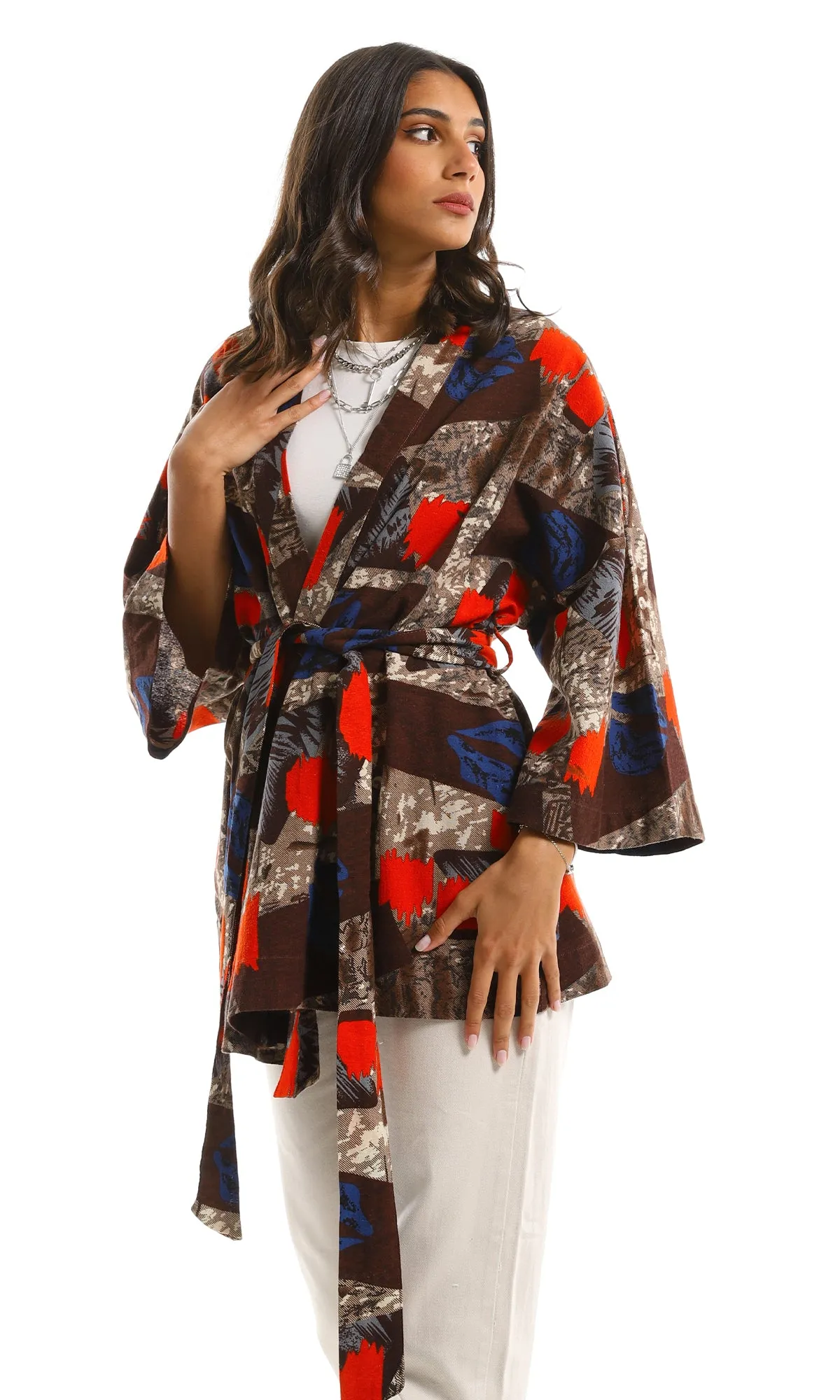 97338 Random Patterned Wide Sleeve Cardigan With Belt - Brown