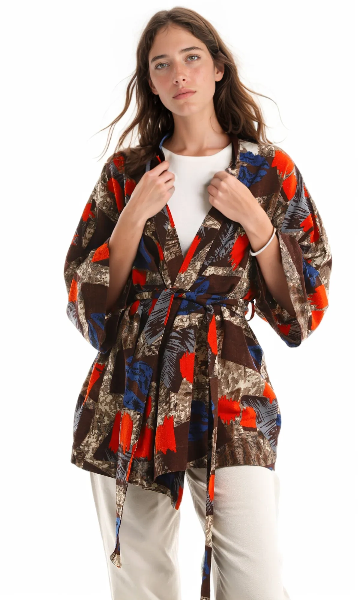 97338 Random Patterned Wide Sleeve Cardigan With Belt - Brown