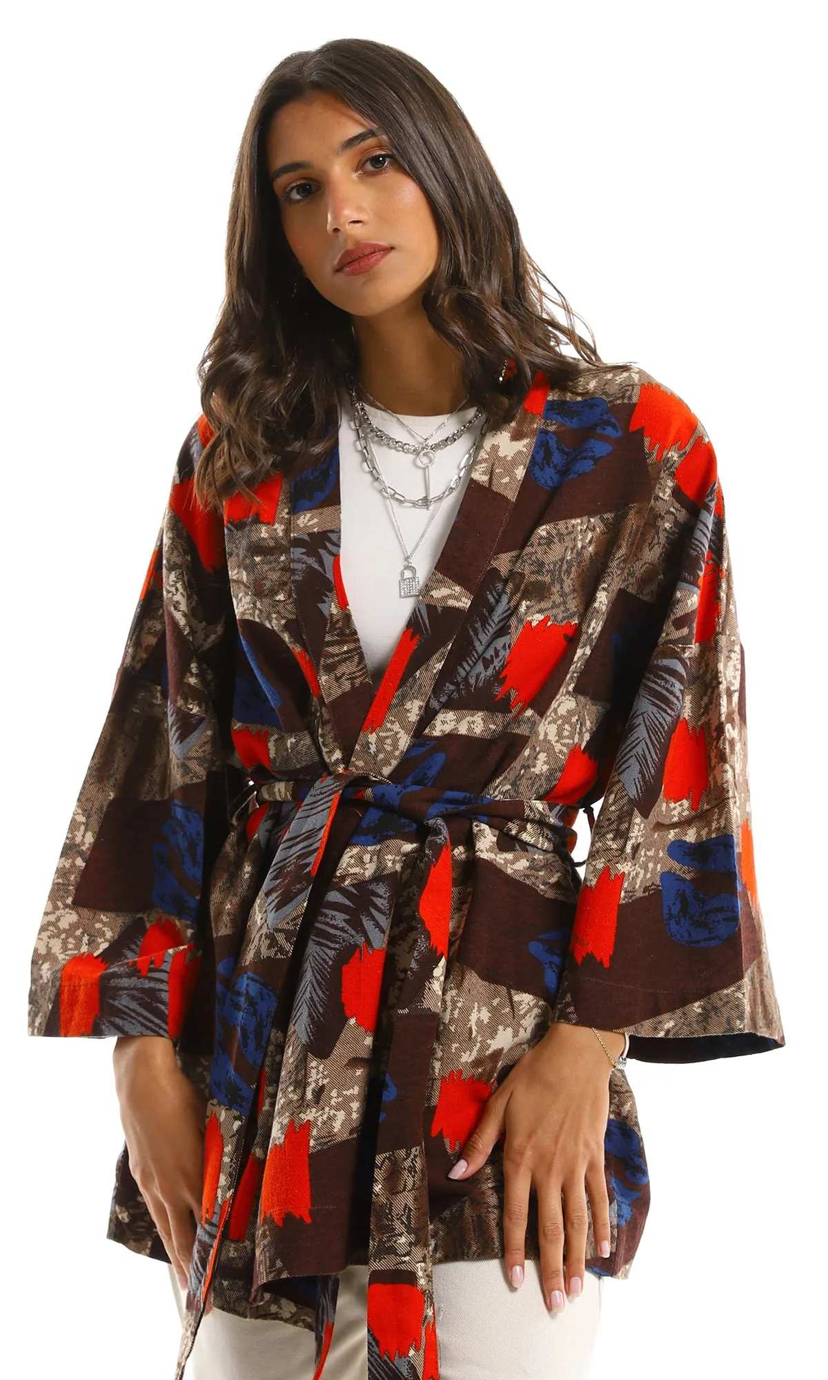 97338 Random Patterned Wide Sleeve Cardigan With Belt - Brown