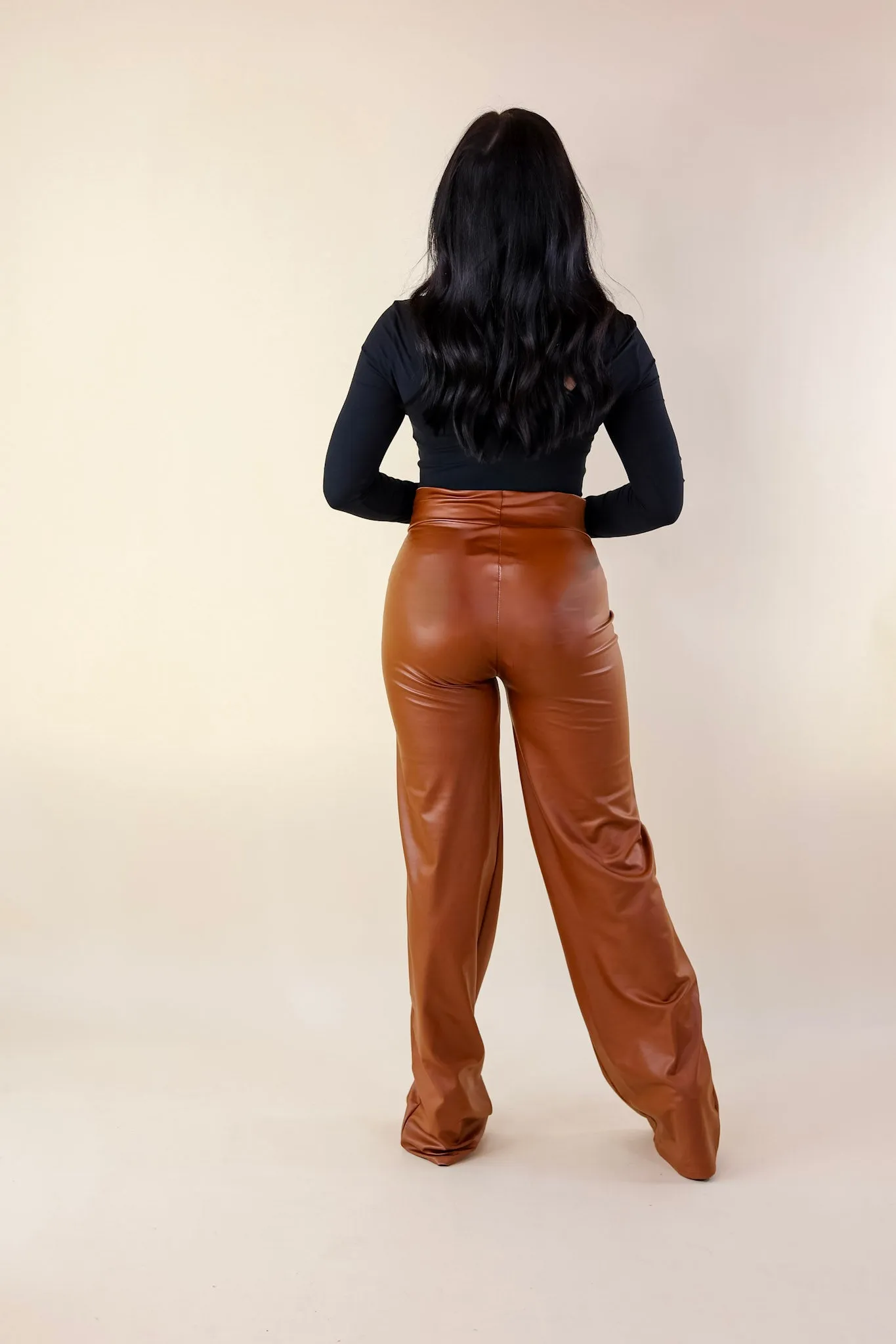 Advice For You Straight Leg Faux Leather Straight Leg with Front Seam in Camel Brown