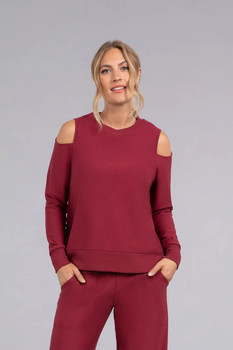 Bamboo Fleece Cut Out Shoulder Top | Cherry