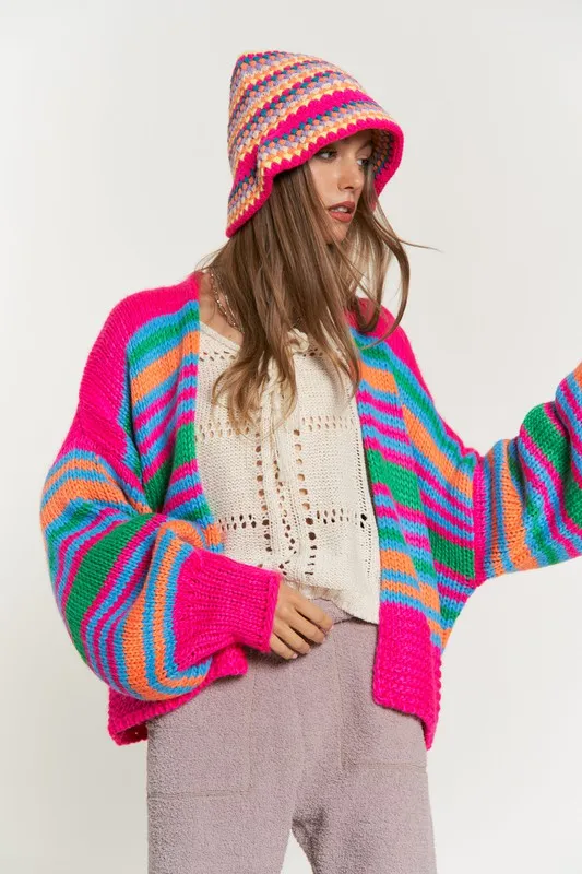 Be Happy Chunky Knit Multi-Striped Open Sweater Cardigan