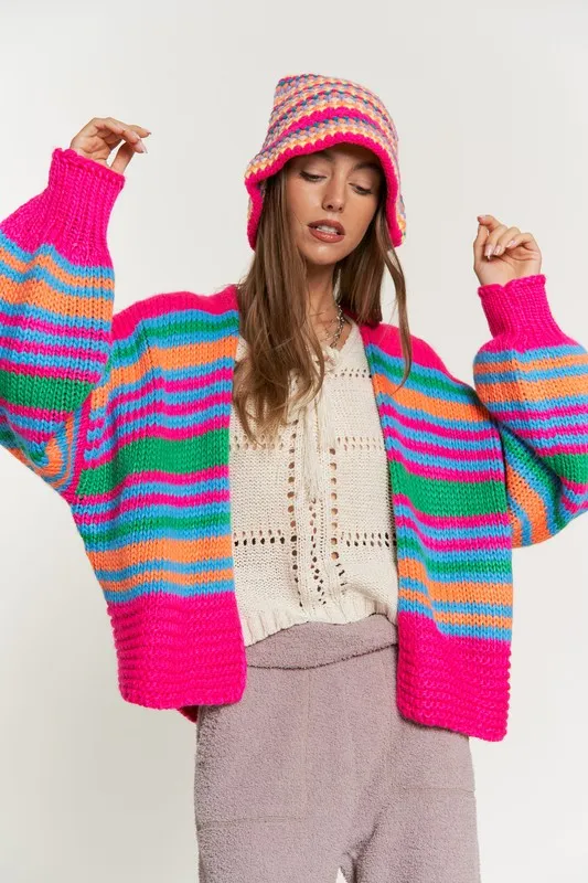 Be Happy Chunky Knit Multi-Striped Open Sweater Cardigan