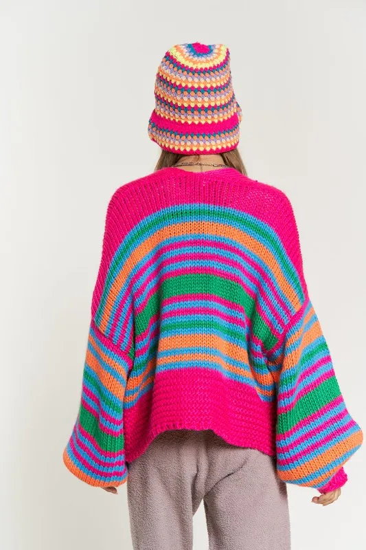 Be Happy Chunky Knit Multi-Striped Open Sweater Cardigan