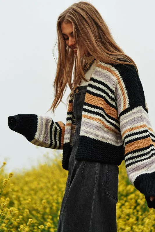 Be Happy Chunky Knit Multi-Striped Open Sweater Cardigan