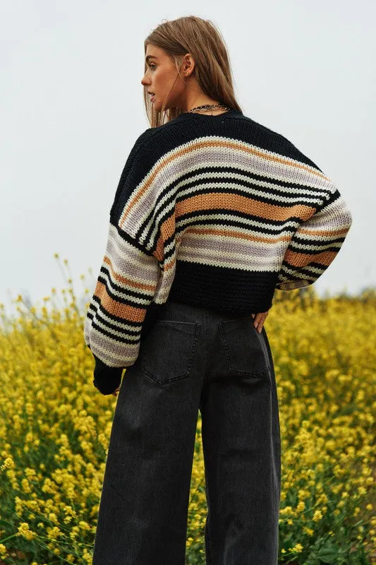 Be Happy Chunky Knit Multi-Striped Open Sweater Cardigan