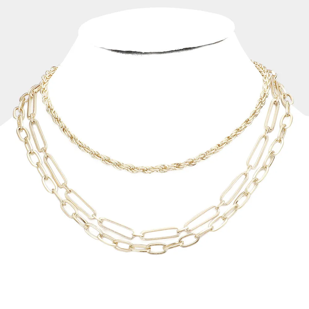 Beckham Triple Layered Metal Chains Necklace - Gold or Silver