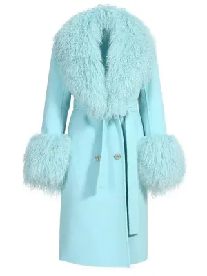 Belted Lambswool/Shearling Wool Cashmere Coat, Light Aqua Blue/Mint