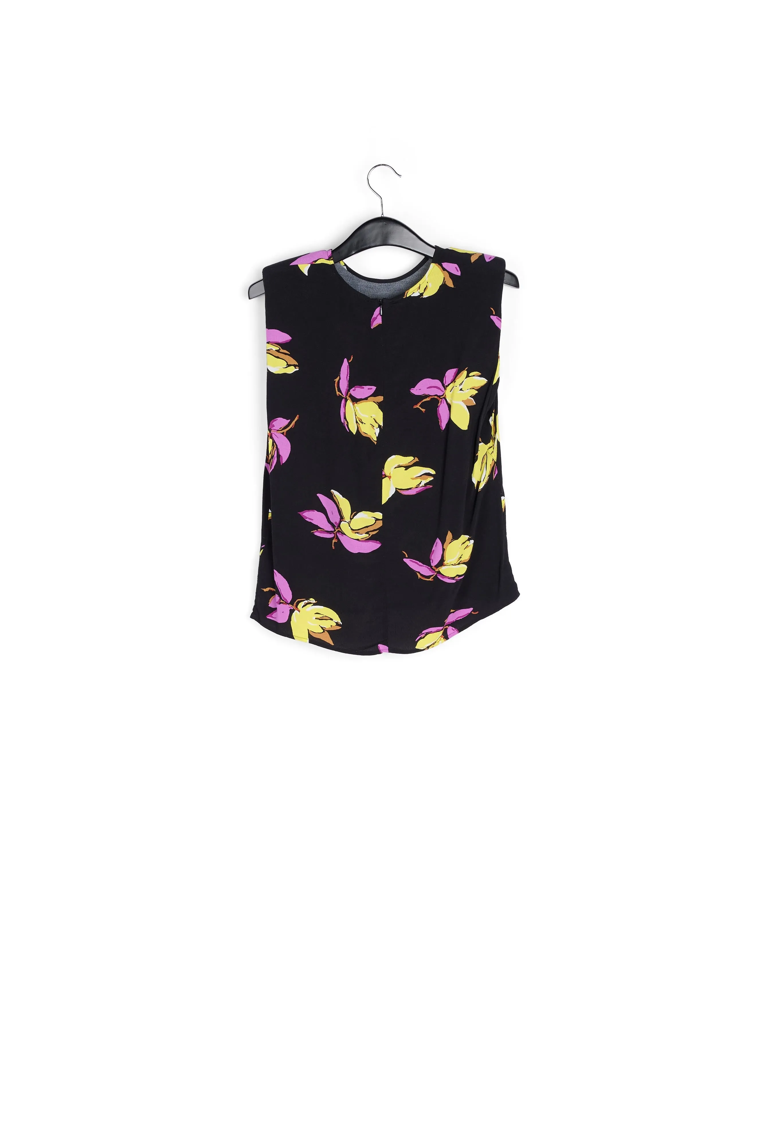 Black floral-print sleeveless top with padded shoulders