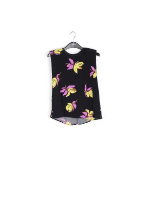 Black floral-print sleeveless top with padded shoulders