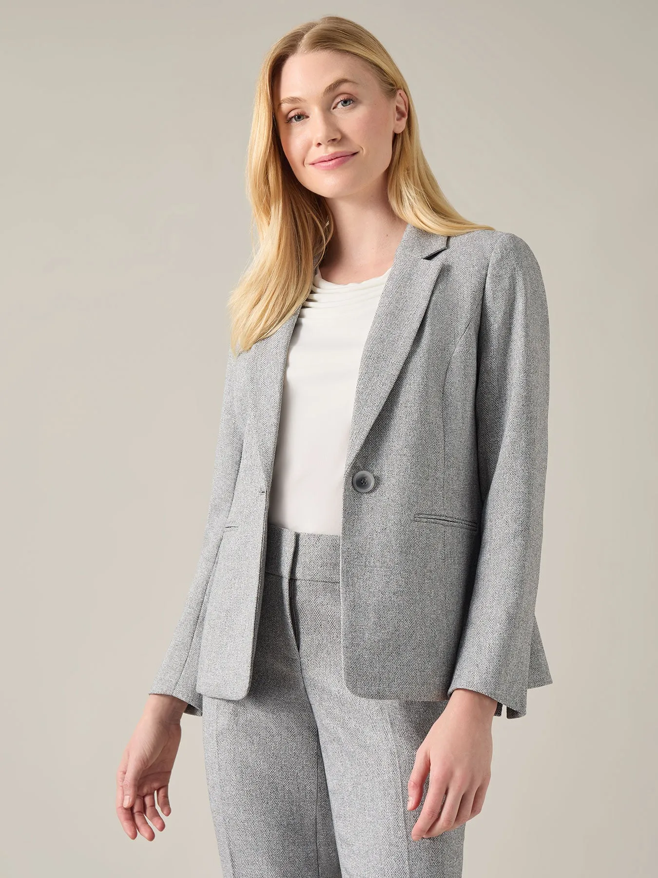 Buttoned Notch Collar Jacket, Herringbone