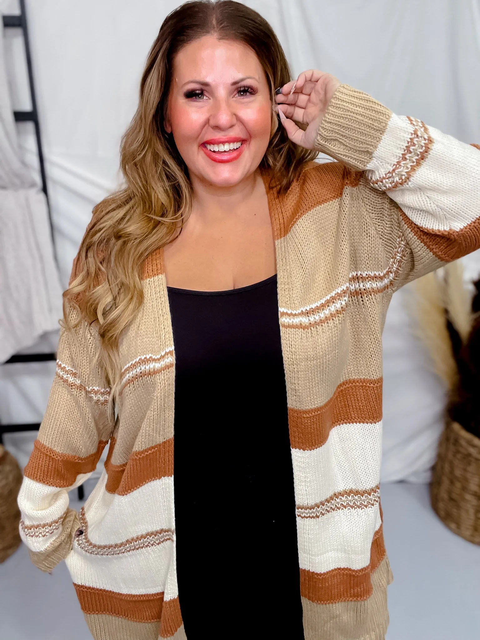 Camel Colorblock Long Sleeve Sweater Cardigan