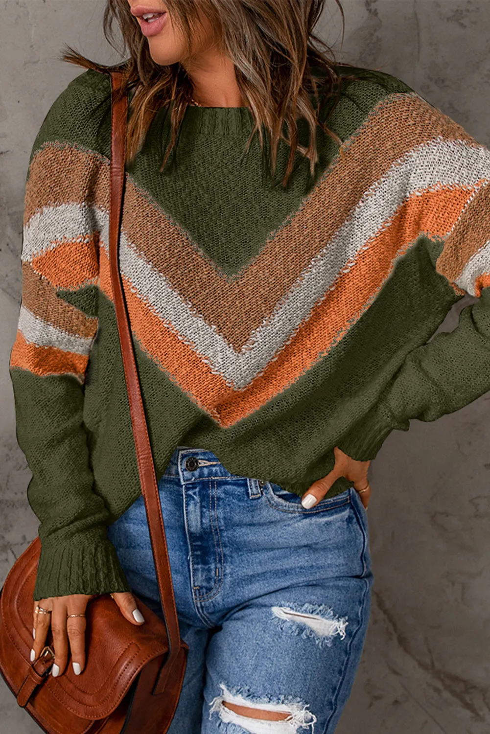 Chevron Striped Drop Shoulder Sweater