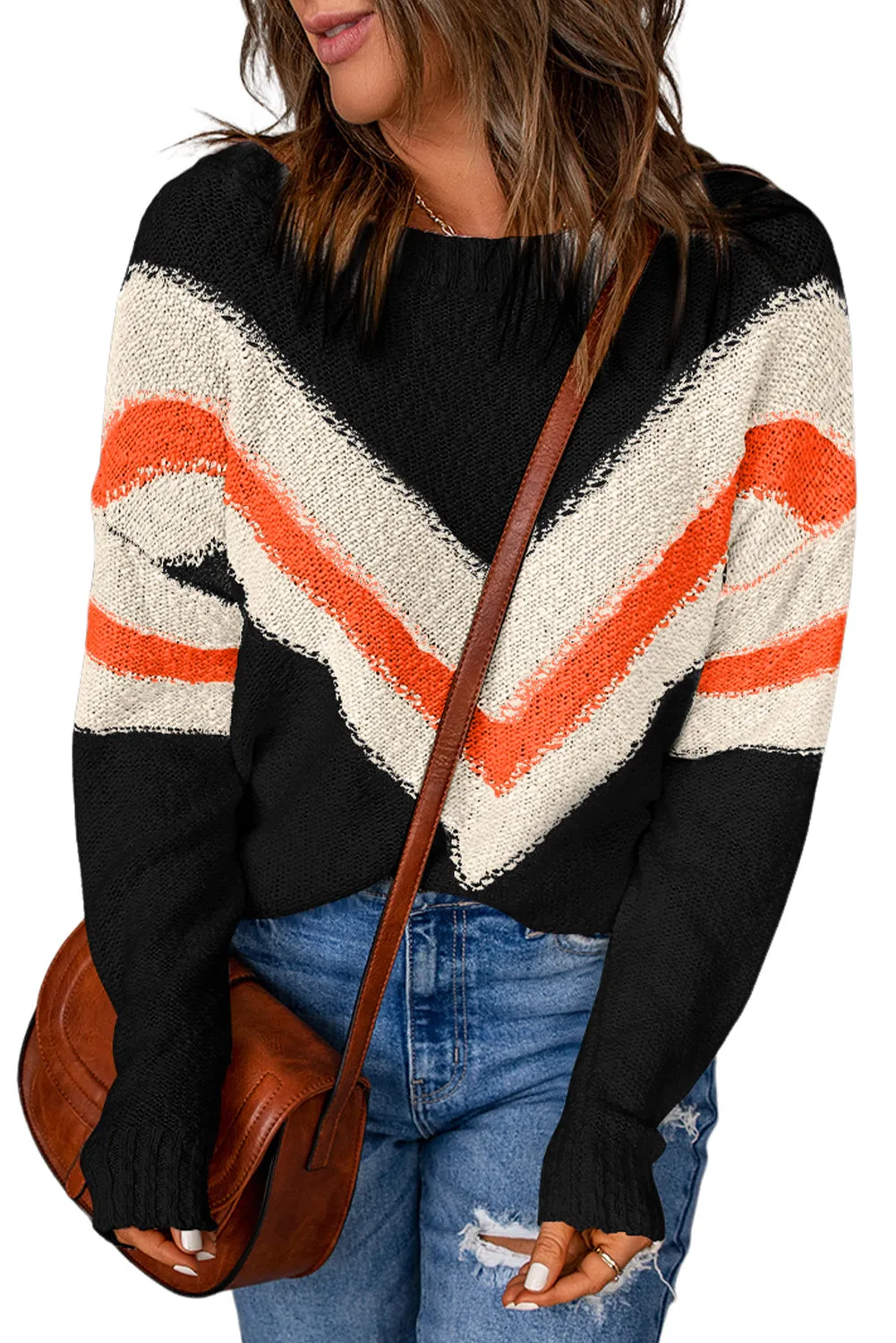 Chevron Striped Drop Shoulder Sweater