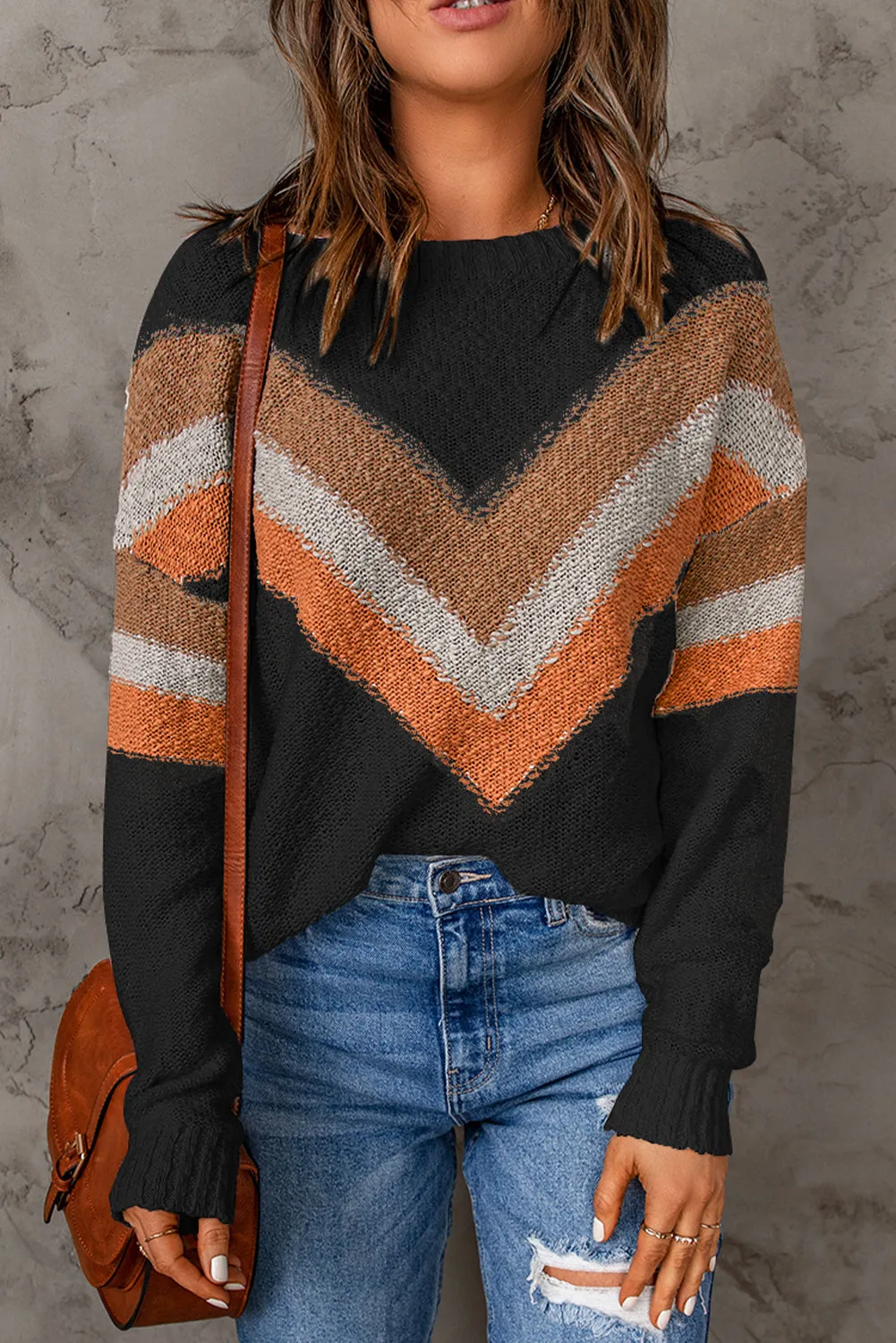 Chevron Striped Drop Shoulder Sweater