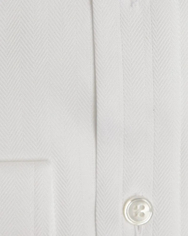 Classic Fit White Herringbone Cotton Shirt with Classic Collar & Two Button Cuff