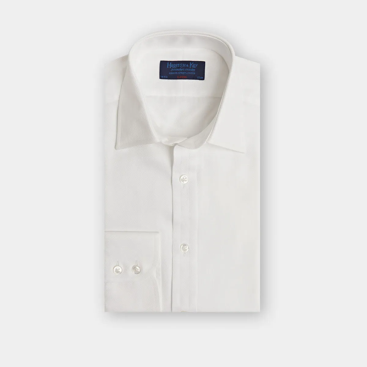 Classic Fit White Herringbone Cotton Shirt with Classic Collar & Two Button Cuff