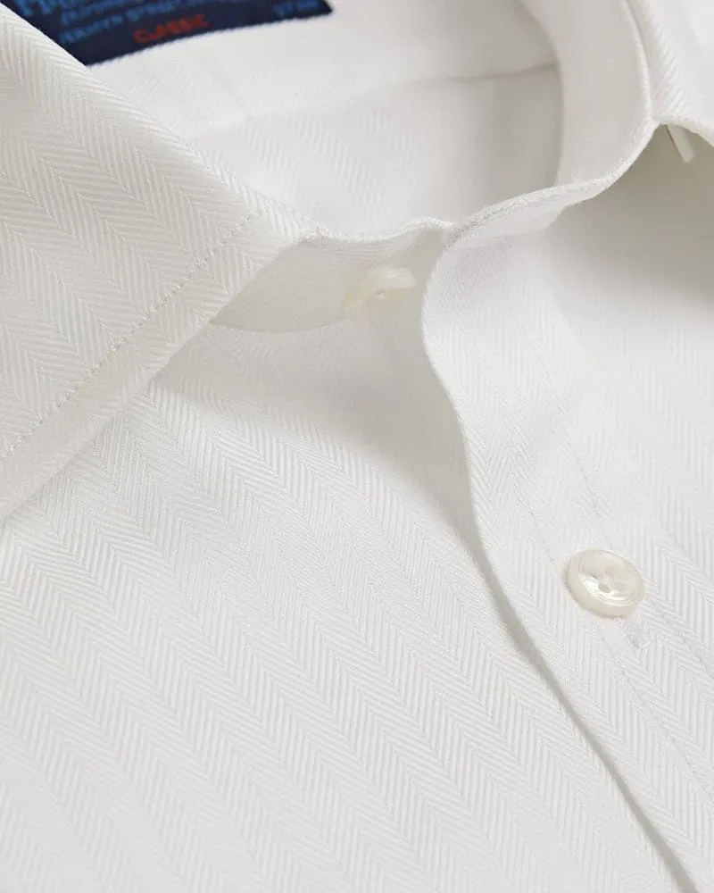 Classic Fit White Herringbone Cotton Shirt with Classic Collar & Two Button Cuff