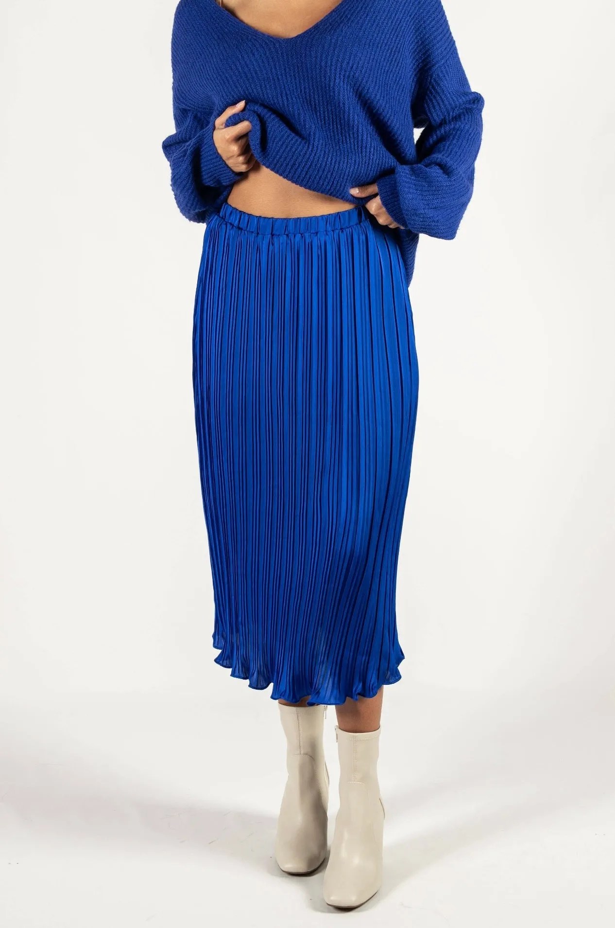 Cobalt Pleated Satin Midi Skirt