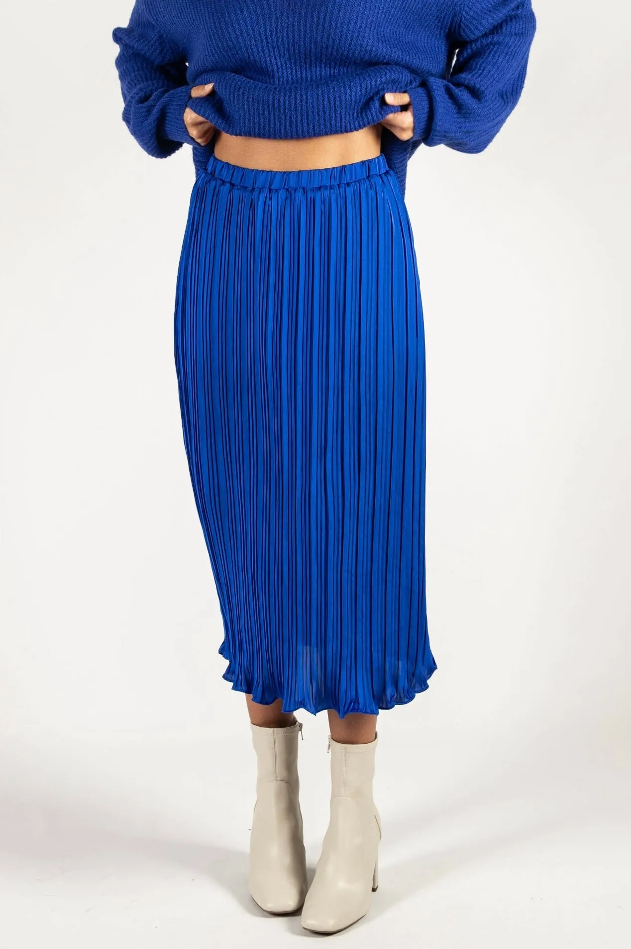 Cobalt Pleated Satin Midi Skirt