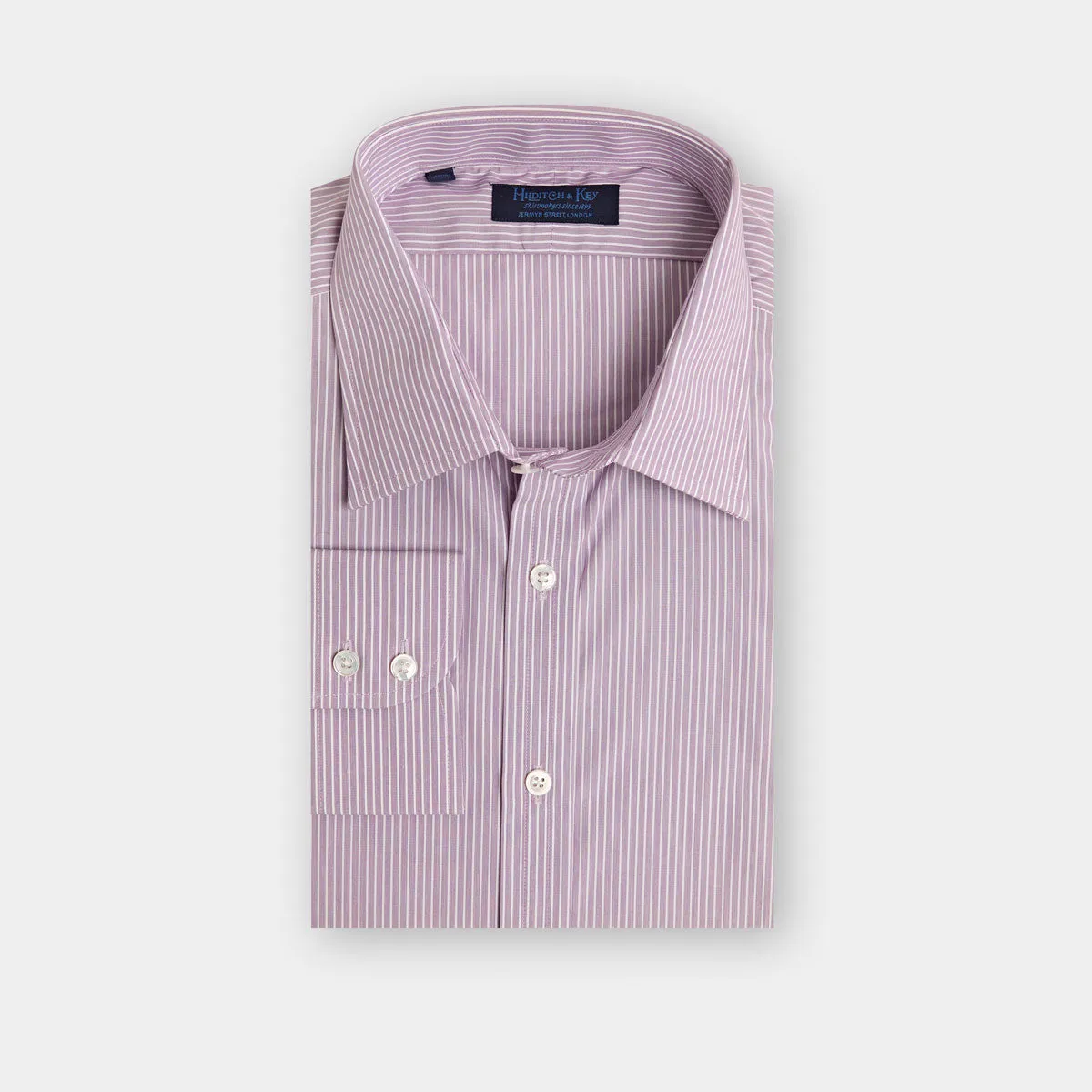 Contemporary Fit, Classic Collar, 2 Button Cuff Shirt in a Purple & White Fine Stripe Poplin Cotton