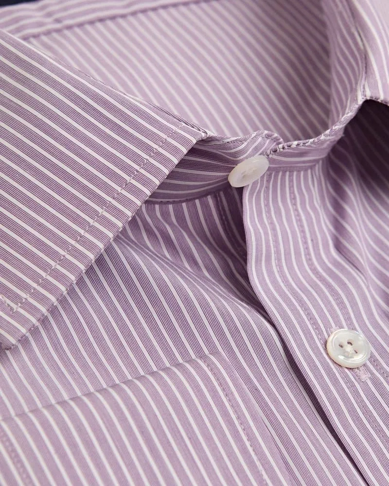 Contemporary Fit, Classic Collar, 2 Button Cuff Shirt in a Purple & White Fine Stripe Poplin Cotton