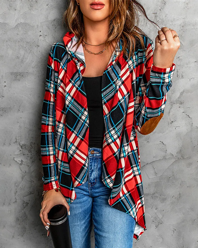 Elbow Patch Hooded Plaid Cardigan