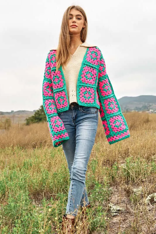 Floral Square Crochet Open Knit Cardigan