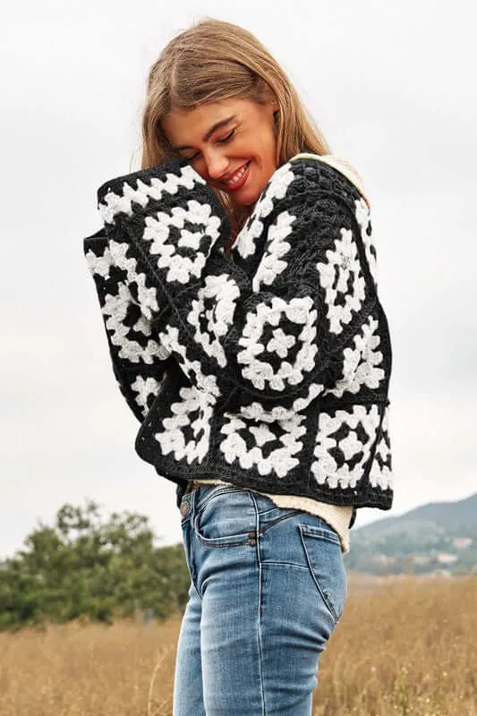 Floral Square Crochet Open Knit Cardigan