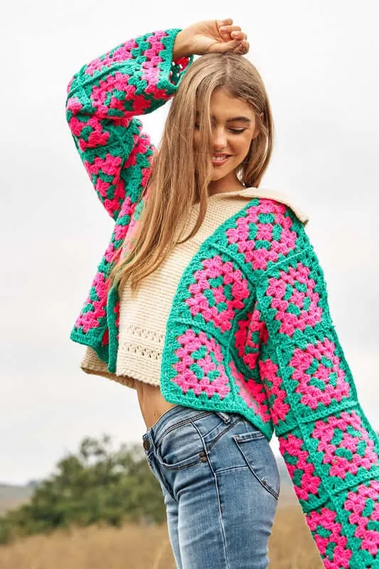 Floral Square Crochet Open Knit Cardigan