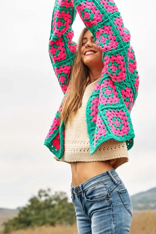 Floral Square Crochet Open Knit Cardigan