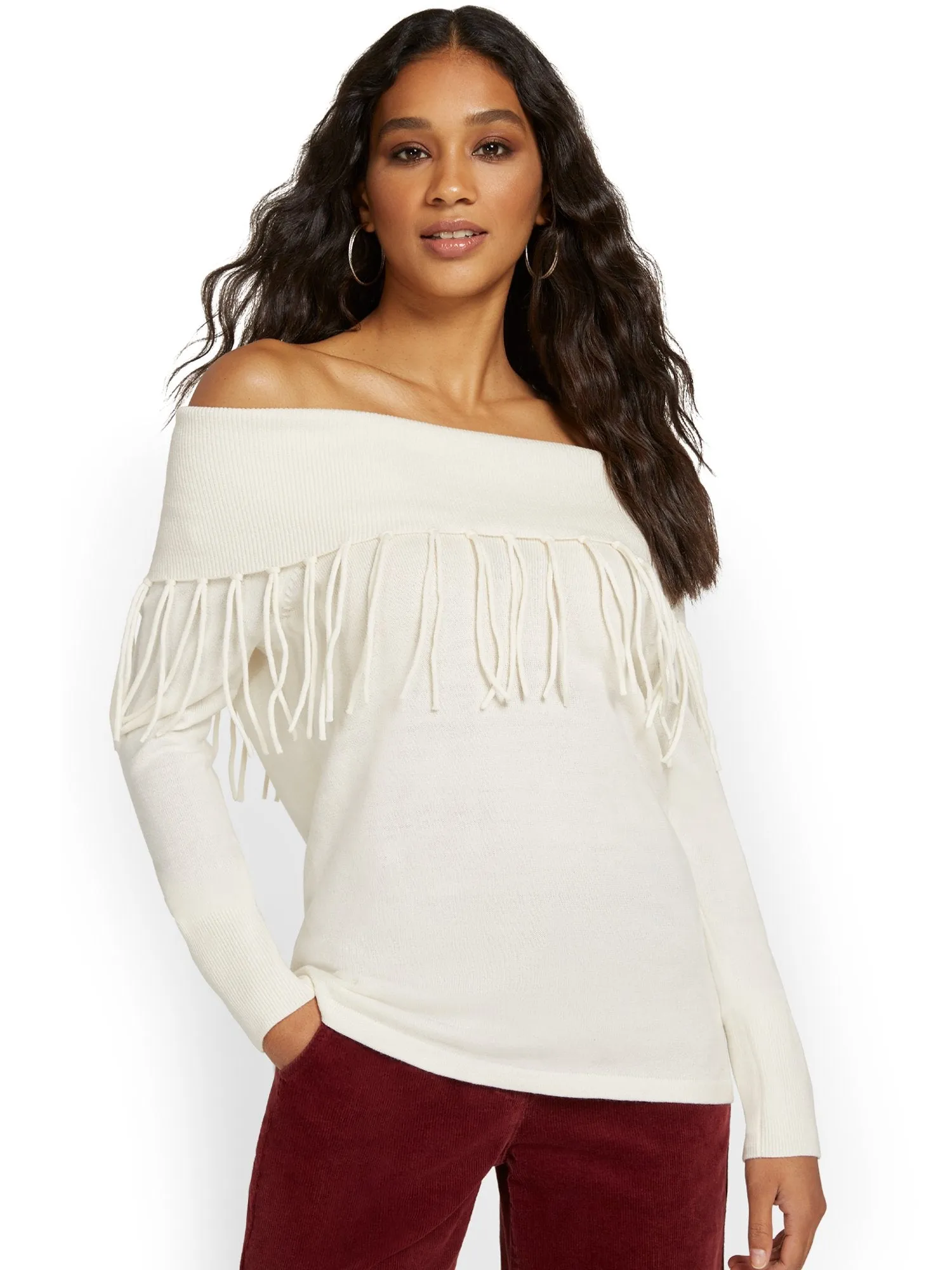 Fringe-Detail Off-The-Shoulder Sweater