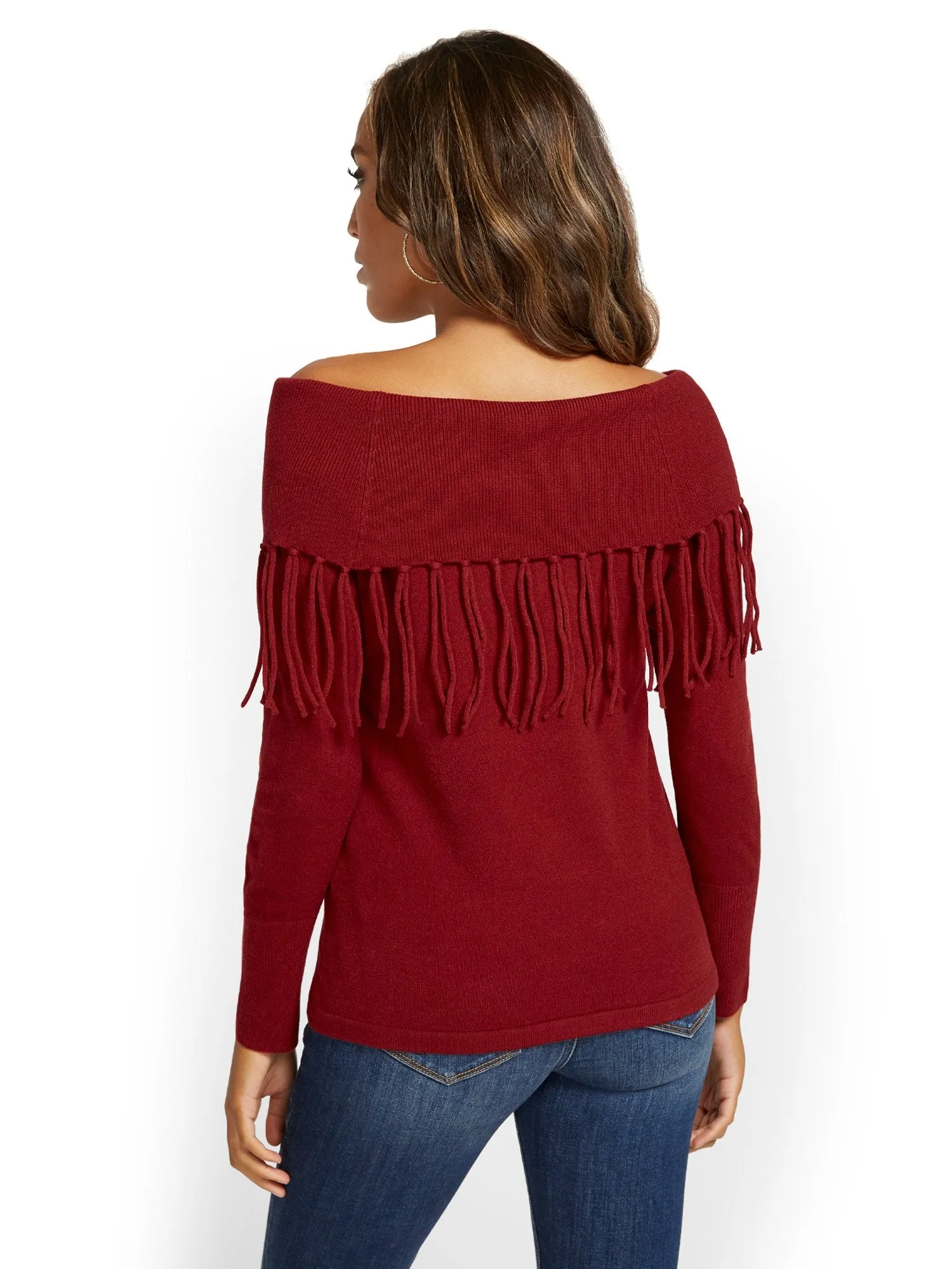 Fringe-Detail Off-The-Shoulder Sweater