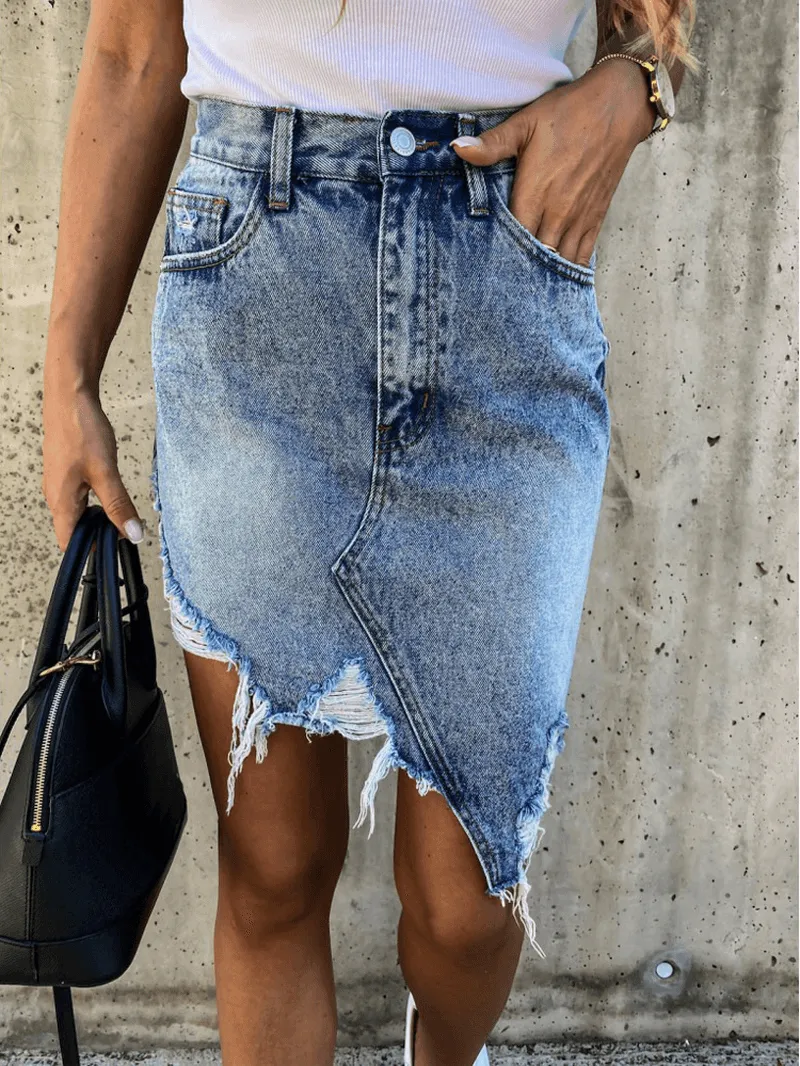 High Waist Ripped Denim Skirt for Women with Pocket and Irregular Hem