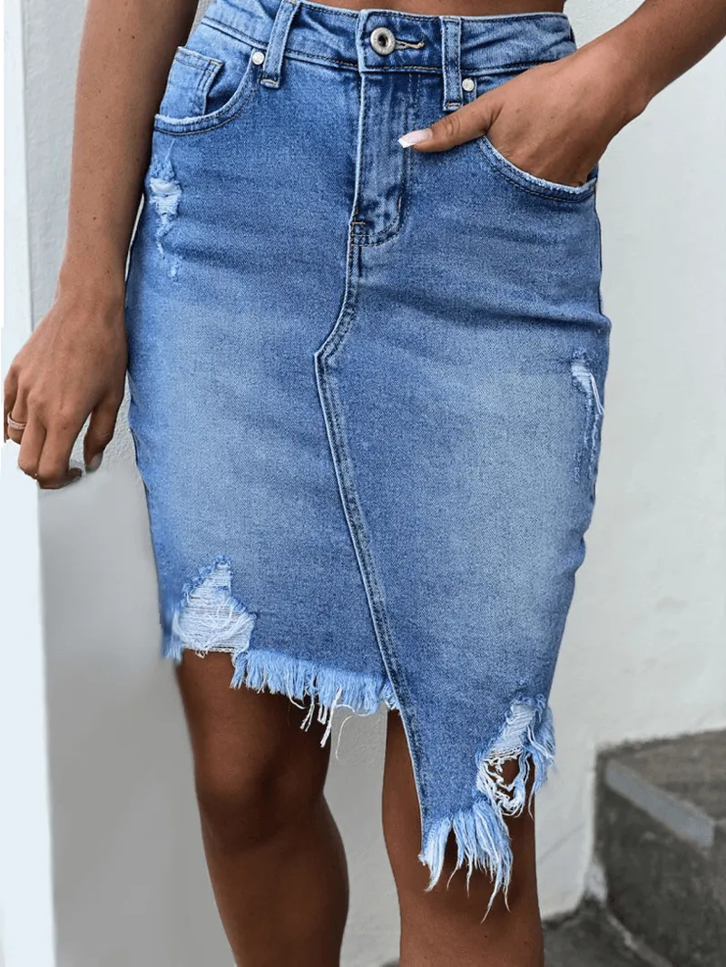 High Waist Ripped Denim Skirt for Women with Pocket and Irregular Hem