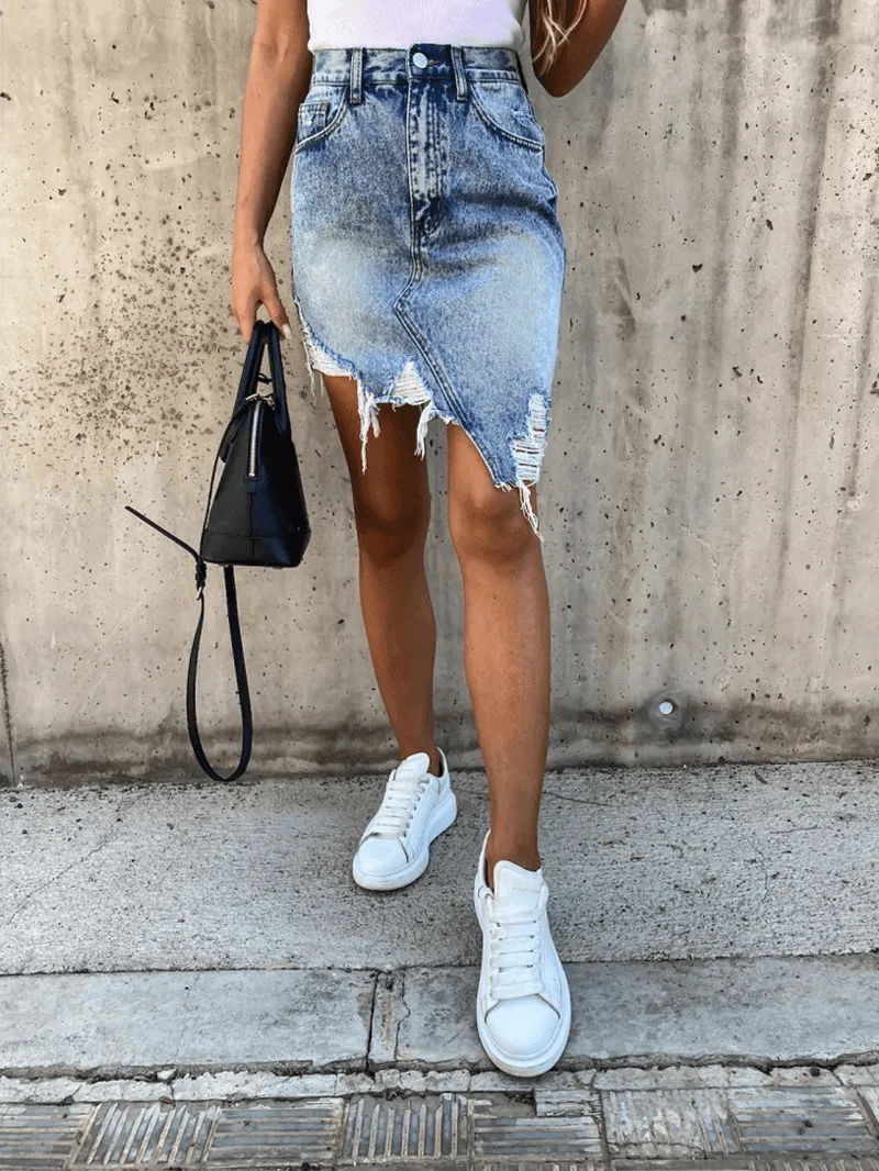 High Waist Ripped Denim Skirt for Women with Pocket and Irregular Hem