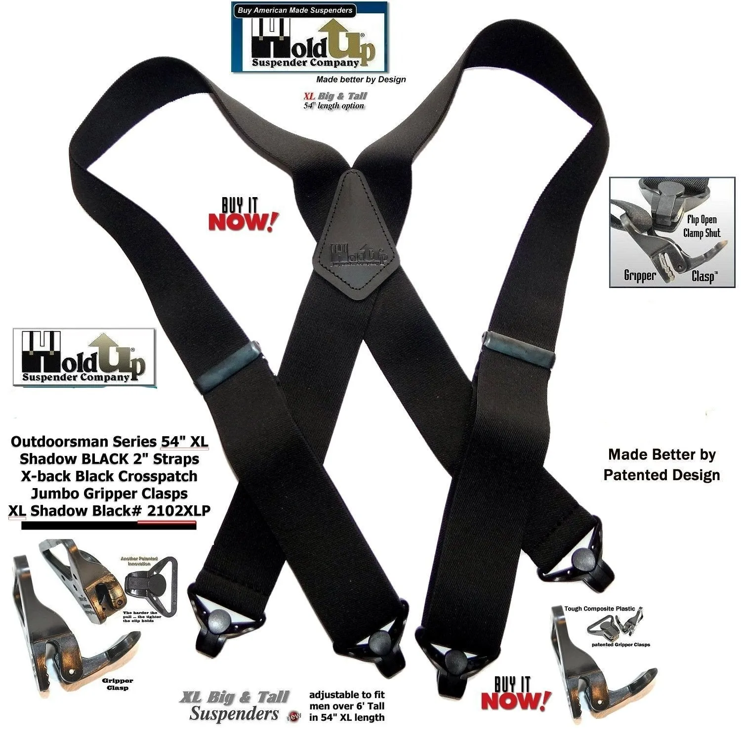 Holdup Brand XL length Shadow Black 2" wide Work Suspenders with black composite plastic Jumbo Black USA Patented Gripper Clasps