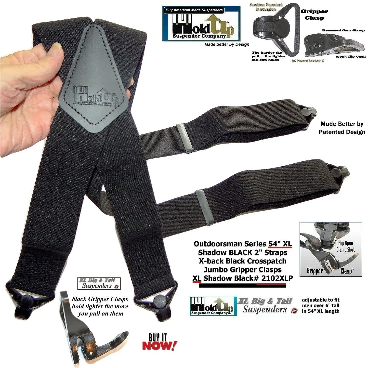 Holdup Brand XL length Shadow Black 2" wide Work Suspenders with black composite plastic Jumbo Black USA Patented Gripper Clasps