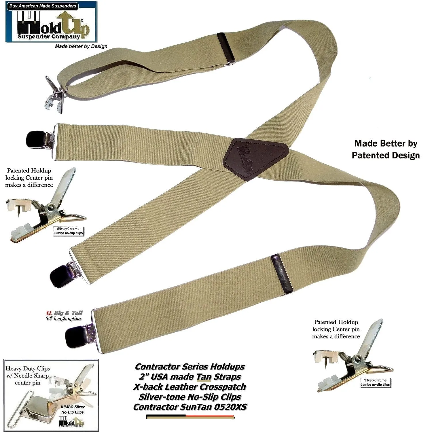 Holdup Contractor Series SunTan beige Wide Work Suspenders in X-back style with USA Patented No-slip Silver Clips