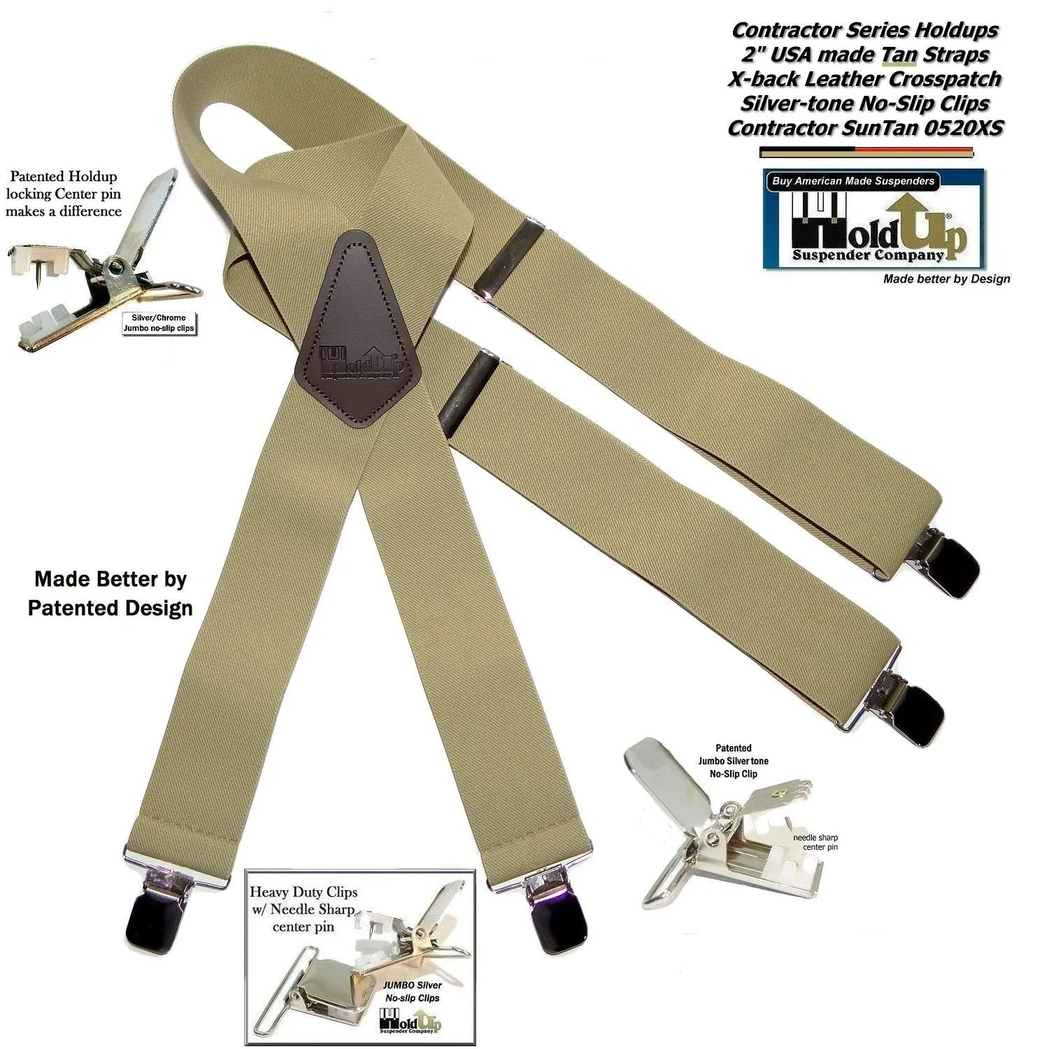 Holdup Contractor Series SunTan beige Wide Work Suspenders in X-back style with USA Patented No-slip Silver Clips