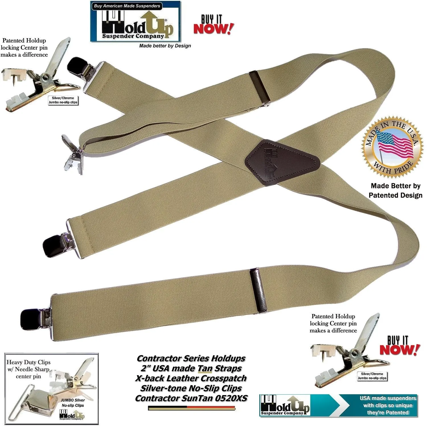 Holdup Contractor Series SunTan beige Wide Work Suspenders in X-back style with USA Patented No-slip Silver Clips