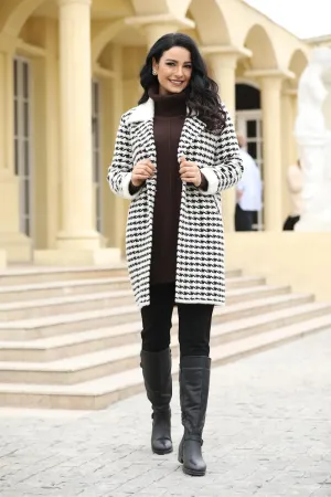 Houndstooth Long Coat with Pockets