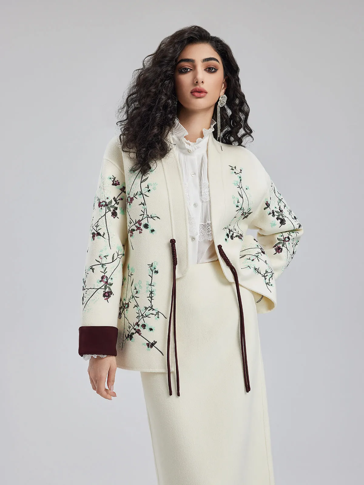 Italian Wool Embroidered Sequin Neo-Chinese Style Coat