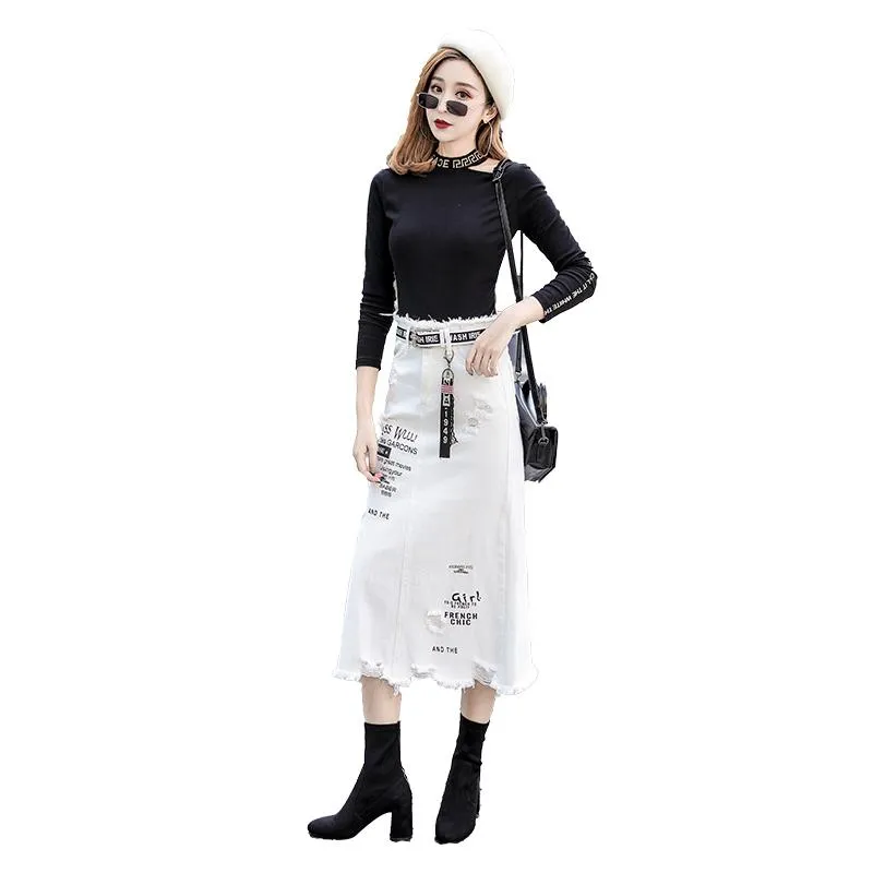 Letter Printed White Tassels High Waist Long Denim Skirts