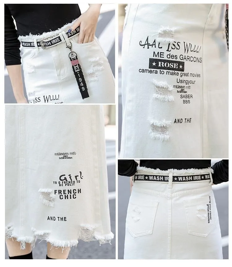 Letter Printed White Tassels High Waist Long Denim Skirts