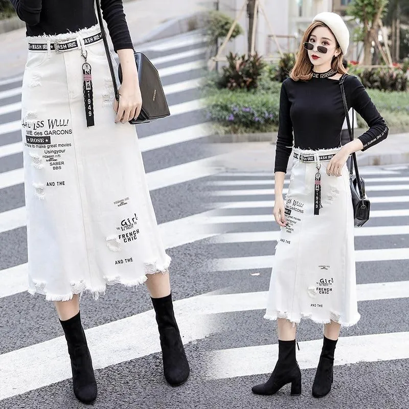 Letter Printed White Tassels High Waist Long Denim Skirts