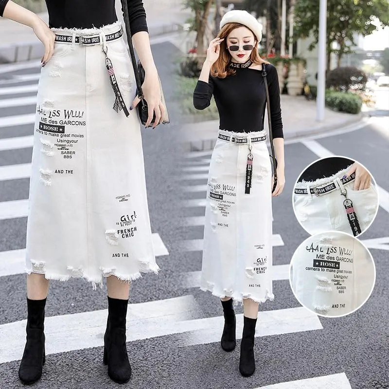 Letter Printed White Tassels High Waist Long Denim Skirts