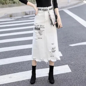 Letter Printed White Tassels High Waist Long Denim Skirts