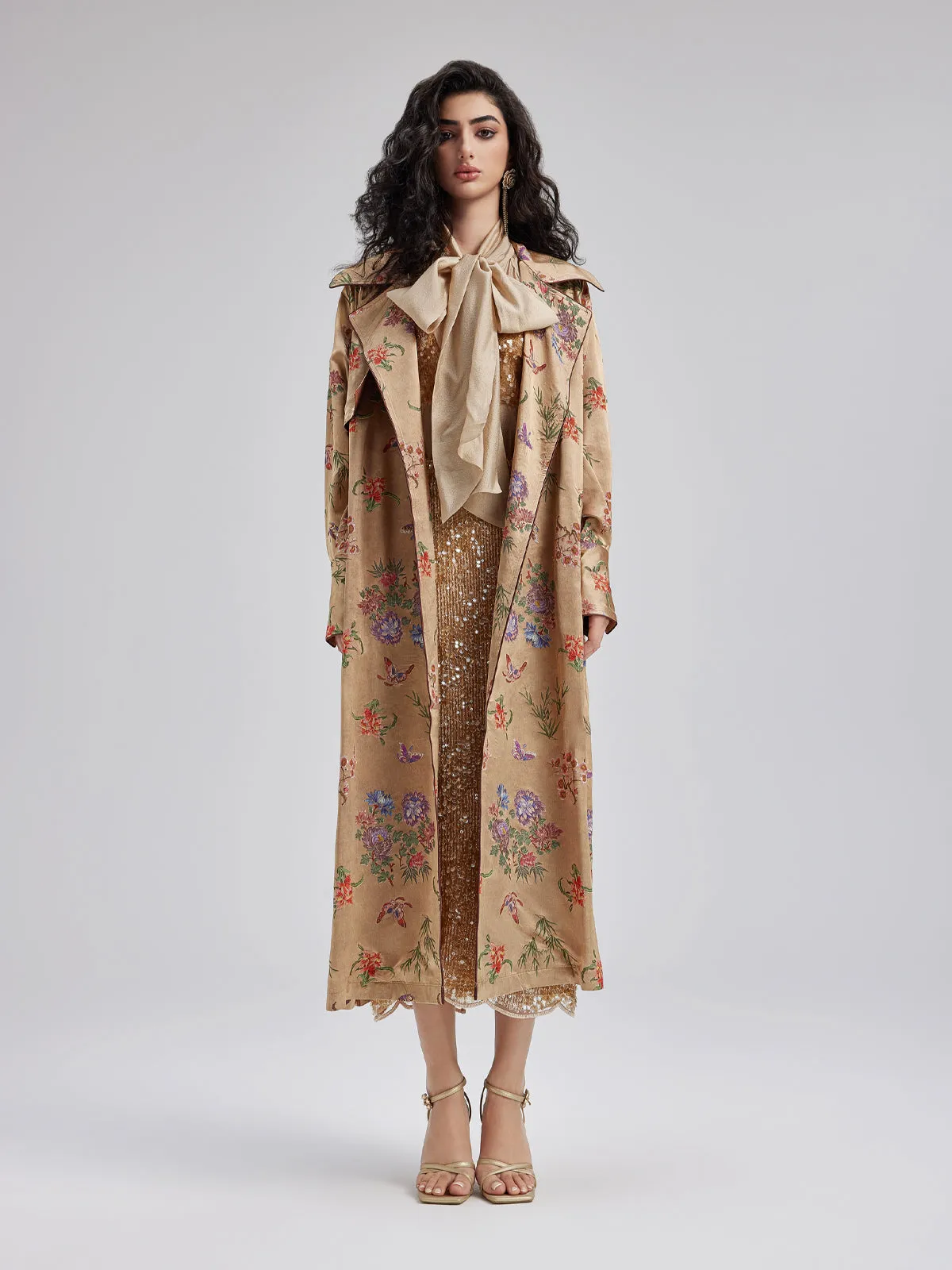 Neo Chinese Style Silk Print Trench Coat